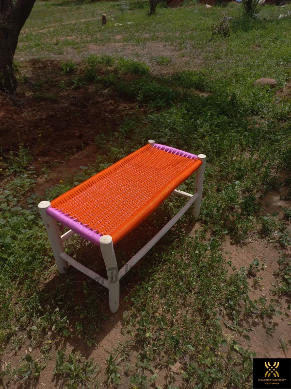 Moroccan wooden bench, Handmade bench, woven bench made of Macrame , wood bench, entryway bench,boho bench, Natural stool, moroccan decor.