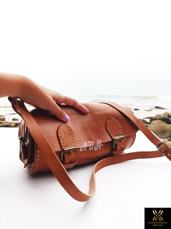 Brown Womens Leather Cylinder Bag, Moroccan handmade crossbody bag, makeup bag, boho bag, gift for her.