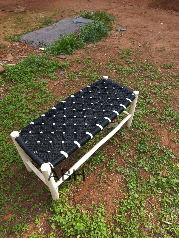 Moroccan wooden bench, Handmade bench, woven bench made of Macrame , wood bench, entryway bench,boho bench, Natural stool, moroccan decor.