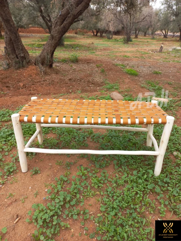 Moroccan bench in solid wood in natural leather